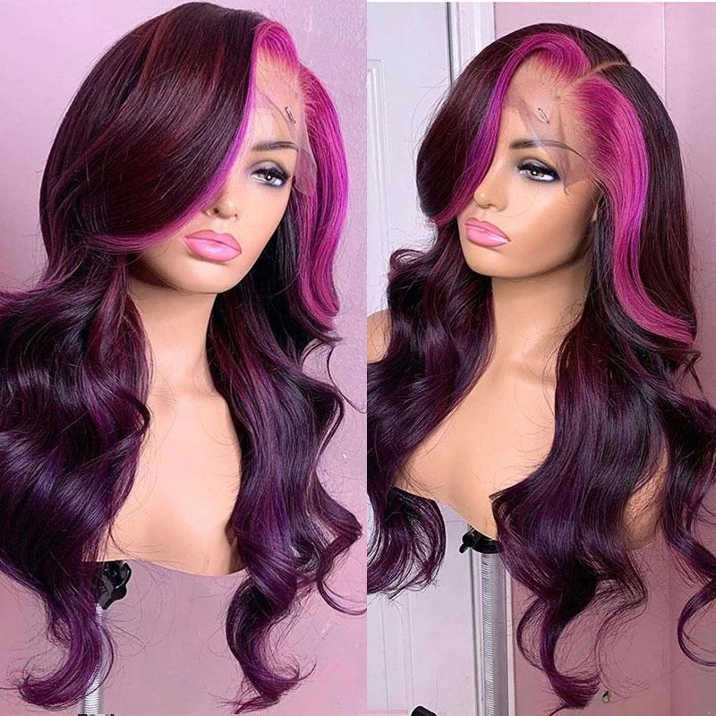 13x4 Dark Plum Skunk Stripe Straight Glueless Wig