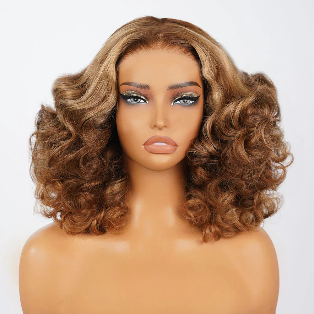 6x5 Glueless Honey Blonde Highlights Bouncy Curl Wig