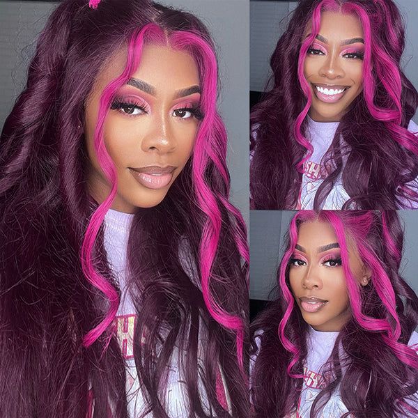 13x4 Dark Plum Skunk Stripe Straight Glueless Wig