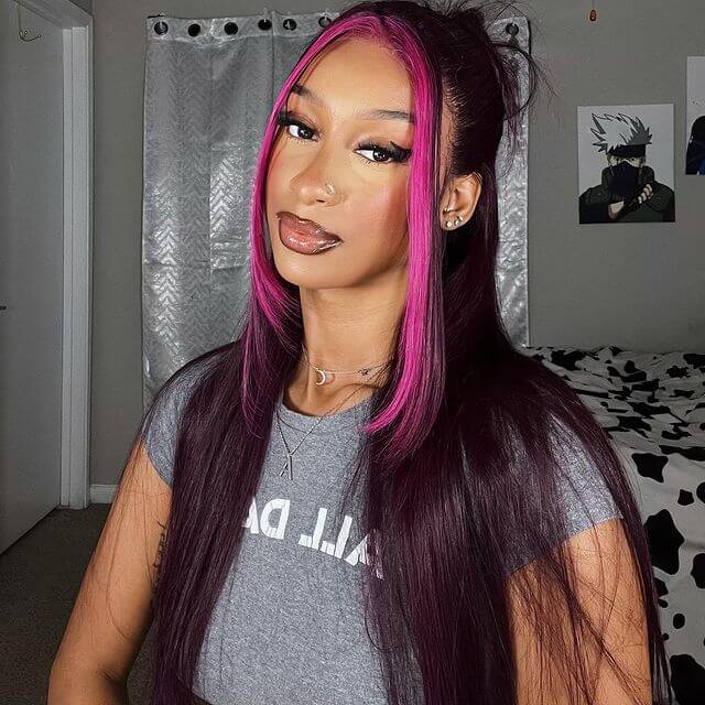 13x4 Dark Plum Skunk Stripe Straight Glueless Wig