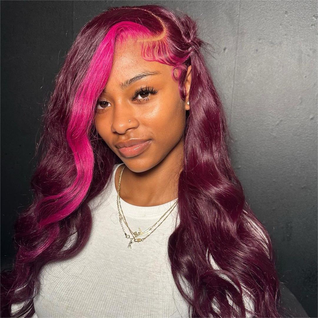 13x4 Dark Plum Skunk Stripe Straight Glueless Wig