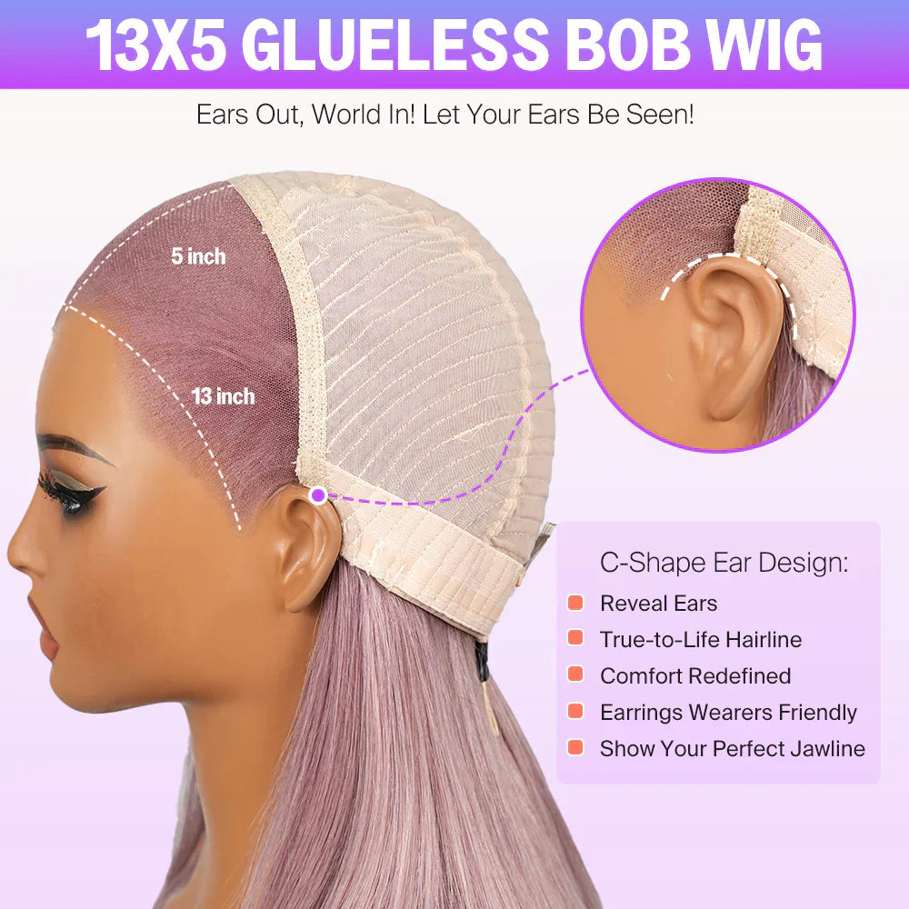 13x5 Ash Purple Straight Bob Wig with Invisible Knots